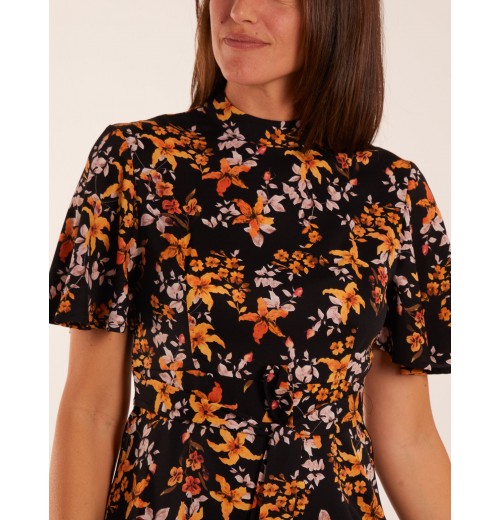 High Neck Angel Sleeve Floral Dress