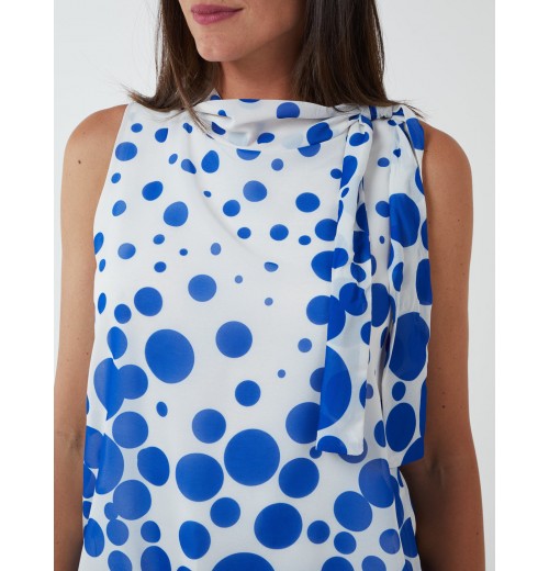 Sleeveless Polka Dot Top With Tie Neck