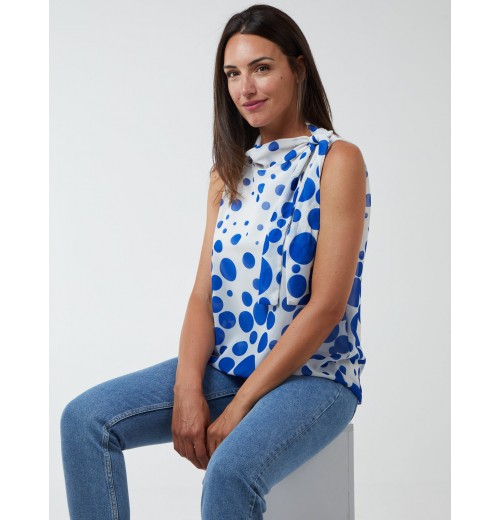 Sleeveless Polka Dot Top With Tie Neck