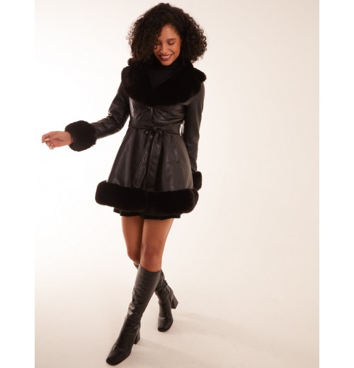 PU Faux Fur Trimmed Belted Coat