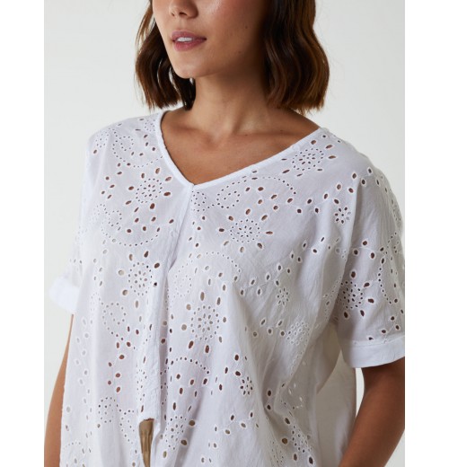 Broderie Batwing Knot Front Top