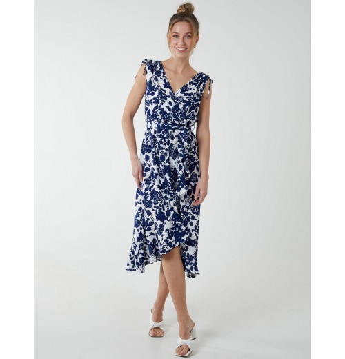 Wrap Front Midi Dress With Ruffle Hem