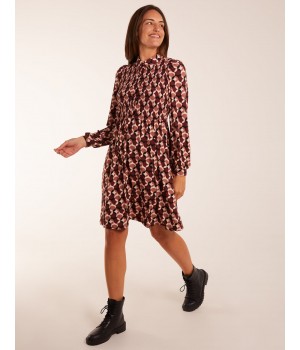 Geometric Print Shirred Bust Long Sleeve Shirt Dress