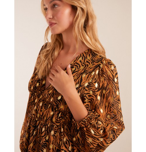 Shirred Waist Leopard Foil Wrap Front Mini Dress