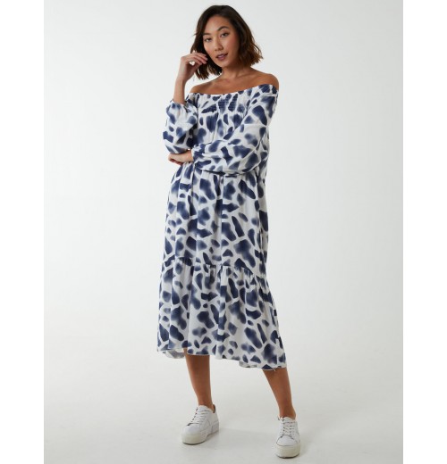 Square Smock Bardot Tiered Midi Dress