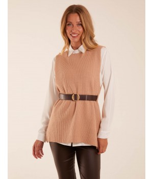 Rib Knit Vest With Blouse With Belt