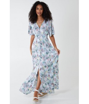 Tropical Leaf Button Through Maxi Dress