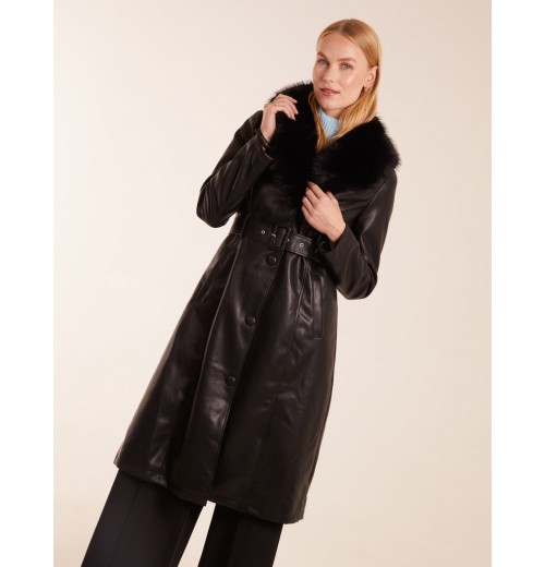 Longline Leather Look Faux Fur Coat