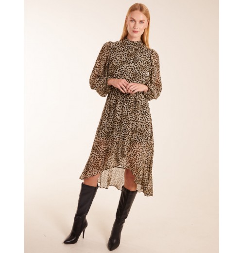 Leopard Print High Neck Wrap Frill Hem Midi Dress