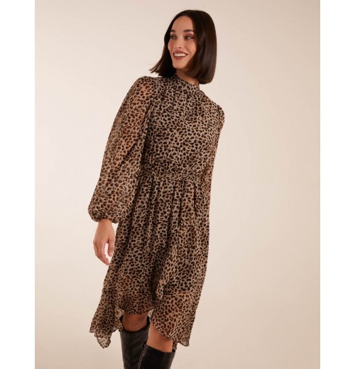 Leopard Print High Neck Wrap Frill Hem Midi Dress